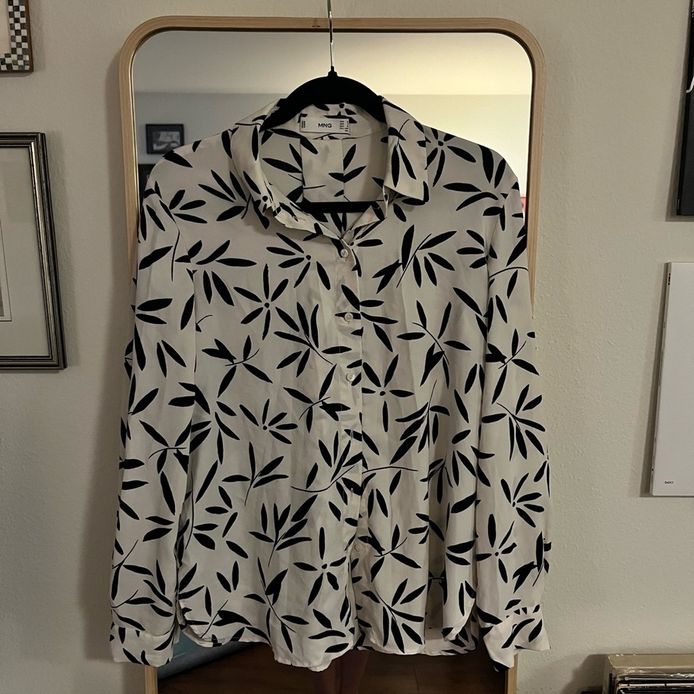 Mango Monochrome Leaf Print Button-Down Shirt - image 1